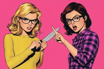 Two women face. One woman holds knife. Points with finger. Look angry, ready for fight. Planning something dangerous. Looks like comic book illustration. Background bright pink. Style modern.
