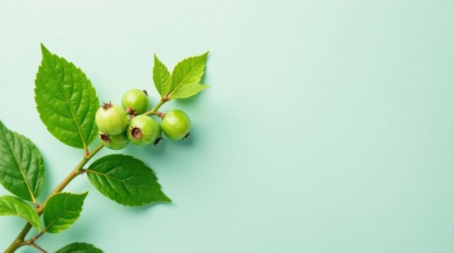 A sprig of vibrant green foliage adorned with unripe berries rests against a tranquil mint background, creating a serene and minimalist botanical scene. - Powered by Adobe