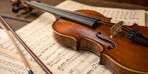 Naklejka premium Musical notes and a violin resting on sheet music in a cozy practice space in the evening