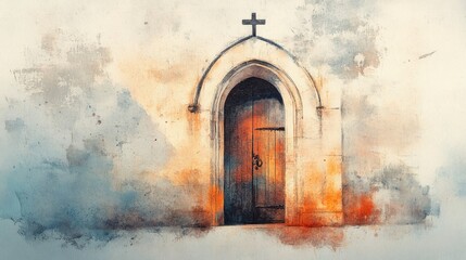Faith-inspired artwork of a church entrance, illuminated by soft, warm light in muted tones.
