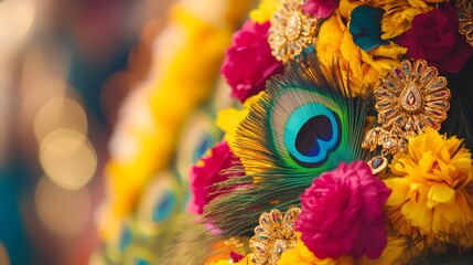 Peacock feather, floral garland, festival, bokeh background, India, religious ceremony