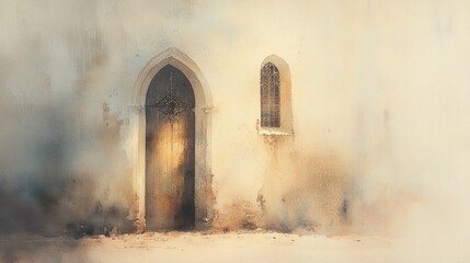 Watercolor of an arched church door slightly ajar with warm light shining through, in soft beige tones.
