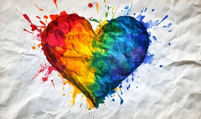 Crumpled rainbow heart on textured paper with paint splatters.