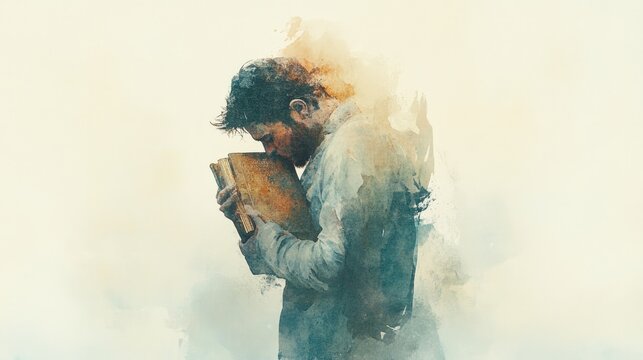 Spiritual painting of a believer hugging a Bible, bathed in warm, gentle light.
