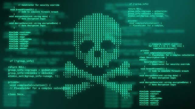 Abstract digital background and skull icon with glitch effect. 