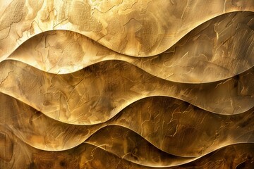 Golden textured wall featuring a wavy relief, creating an elegant and luxurious pattern, ideal for...