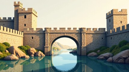 Ancient Stone Bridge Spanning a Serene River, Connecting Fortified Towers of a Majestic Castle in a Picturesque Landscape