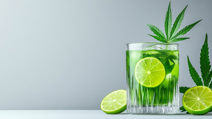 Refreshing Cannabis-Infused Mojito With Fresh Mint and Lime Garnished by Cannabis Leaves Set Against a Simple Backdrop
