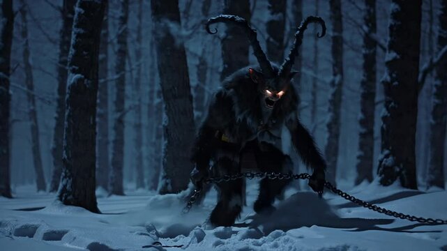 Krampus crouching with chains in a dark snowy forest, glowing eyes piercing through the night.