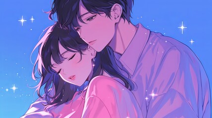 Cute cartoon illustration of an Asian couple, the girl in pink sleeping on her boyfriend’s shoulder with his arms around her. Both have dark hair, shown in profile against a purple-blue background  