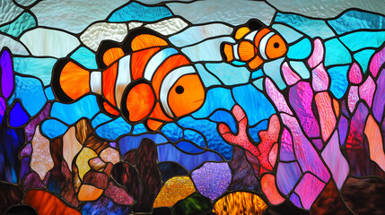 Stained glass koi fish with lily pads on water