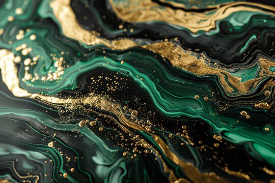 Fluid acrylic painting combining green and gold colors, creating a mesmerizing wavy pattern with golden particles