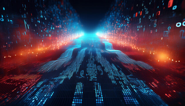 pixelated data stream on digital interface binary code and encryption concept with glowing red and blue dots