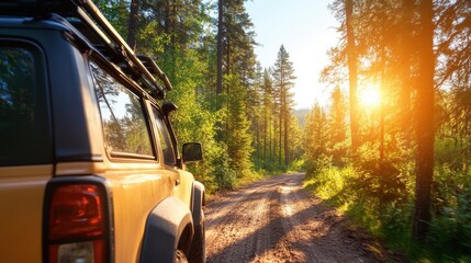 Obraz premium Sustainable electric car road trip through serene wooded trails at sunset