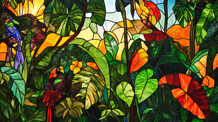 Stained glass artwork depicting tropical jungle scenery