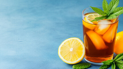 Fototapeta premium Refreshing Cannabis-Infused Beverage Served in a Glass With Citrus and Mint on a Vibrant Blue Background
