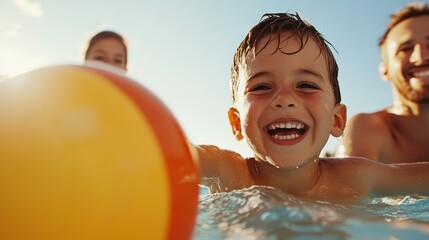 Family enjoying a sunny day at the beach with a colorful beach ball