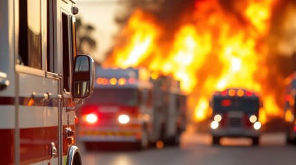 Fire trucks respond to a fierce blaze on a bustling urban street