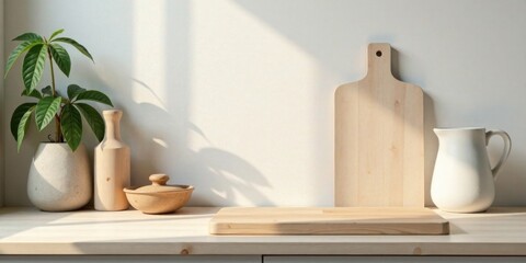 Sunlit Kitchen Countertop Still Life with Wooden Cutting Boards, Plant, and Pitcher