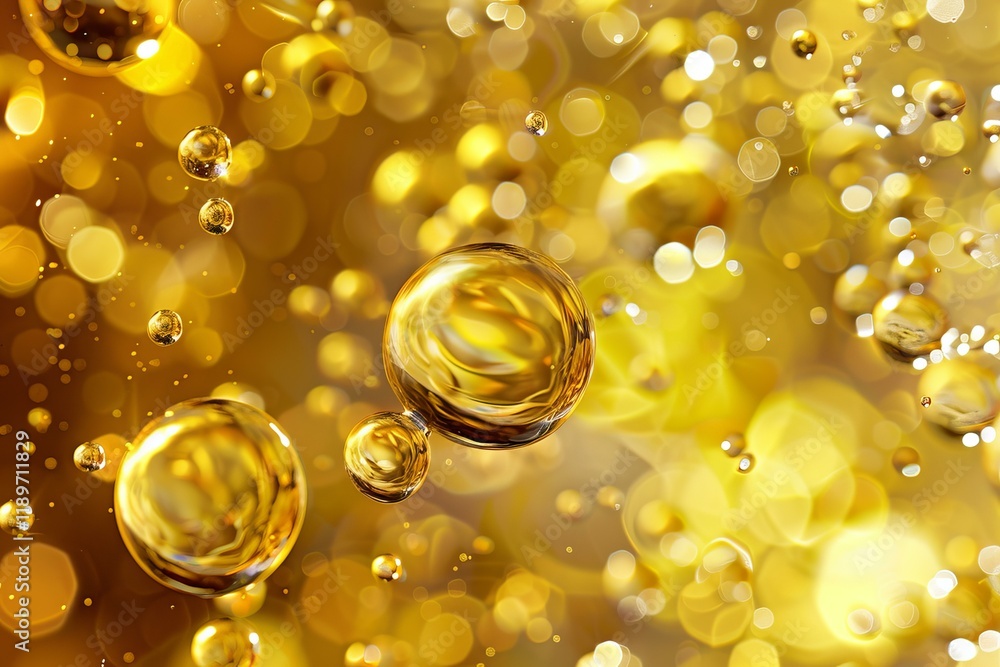 Poster golden bubbles floating and glowing, creating an abstract background with bokeh effect