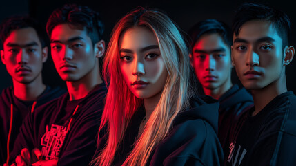 E-sports team photograph, mixed gender and ethnicity.