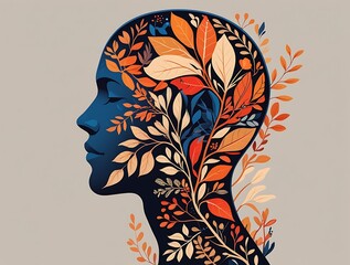 Floral silhouette artwork symbolizing creative mind, nature connection, and mental well-being with vibrant botanical patterns and harmonious colors blending psychology and art in a stunning visual

