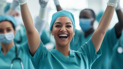 Emergency room staff celebrating a life-saving operation with a team cheer