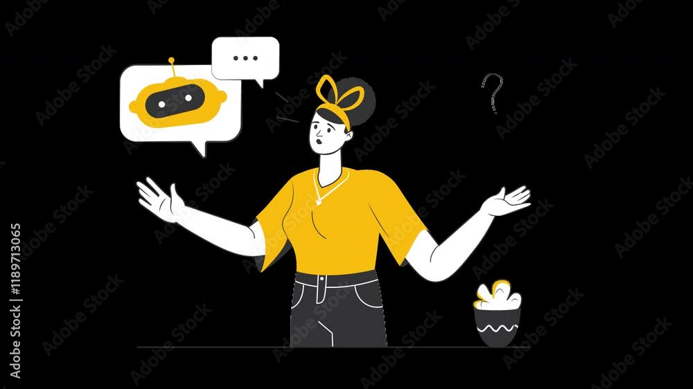 Poster a cartoon character with ethnic features explaining something, surrounded by dialogue bubbles and sn