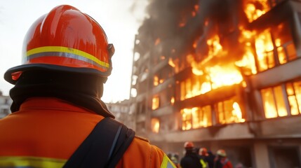 Fototapeta premium Firefighters conduct daring rescue in blazing urban inferno