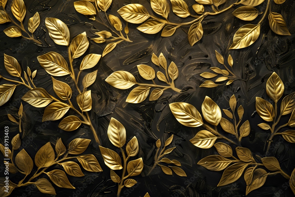 Poster golden leaves arranged on a black textured background creating a luxurious and elegant decorative pa