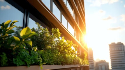 Sustainable design with greenery adorning a modern building at sunset