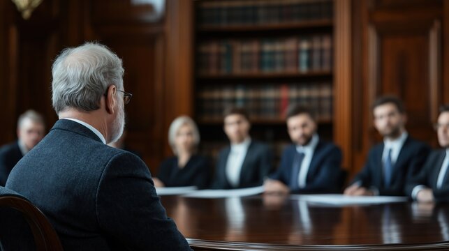 Lawyers attend professional training session. Sit around large oval table in classy conference room. Focused on discussion, strategy. Corporate legal team works together. Serious expressions show pro