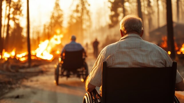 Elderly residents evacuated during a wildfire escape to safety