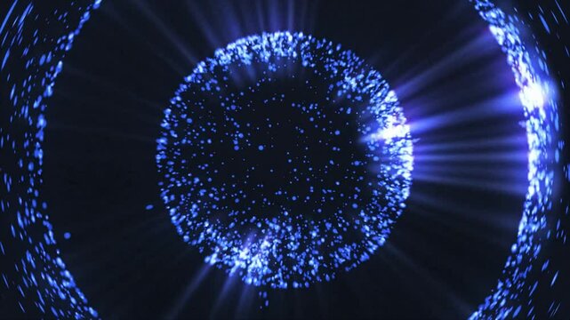 A collection of blue particles forming a cosmic sphere and moving in a radius around it. 3d rendering of abstract particles in space