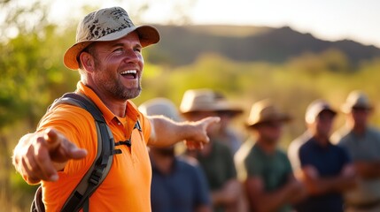 Safari guide highlights hidden wildlife to excited safari group