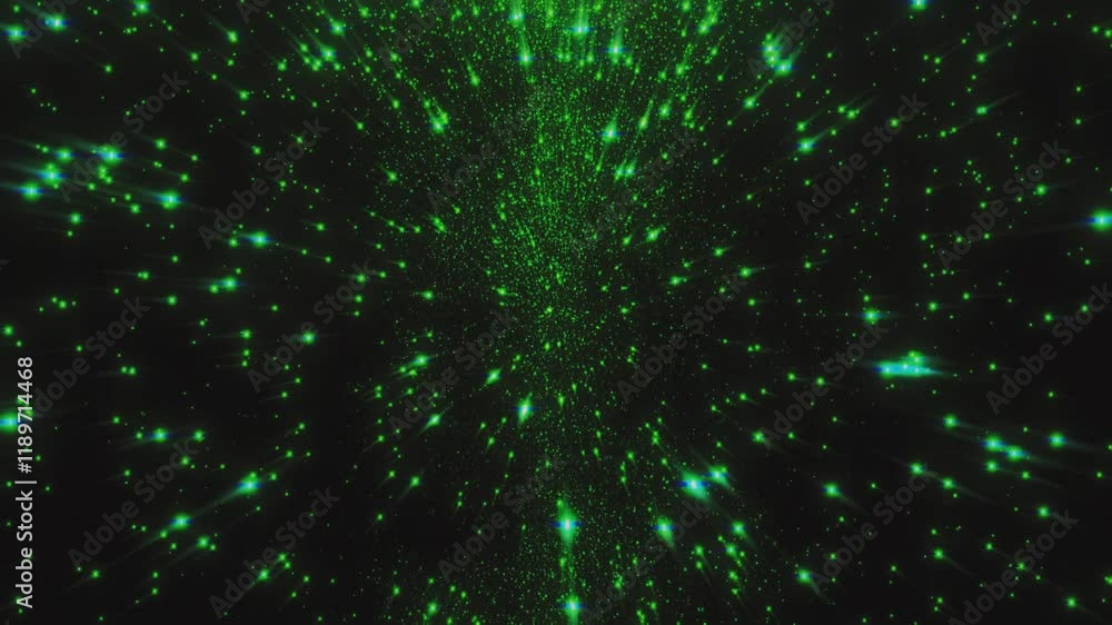 Poster exciting animation of green stars in smooth motion with rays of light. galaxy space starry sky movem