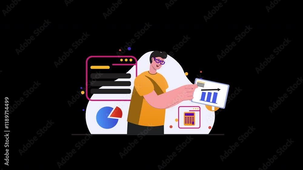 Aufkleber a young european man analyzing data on a tablet with graphs and charts in a modern flat design.