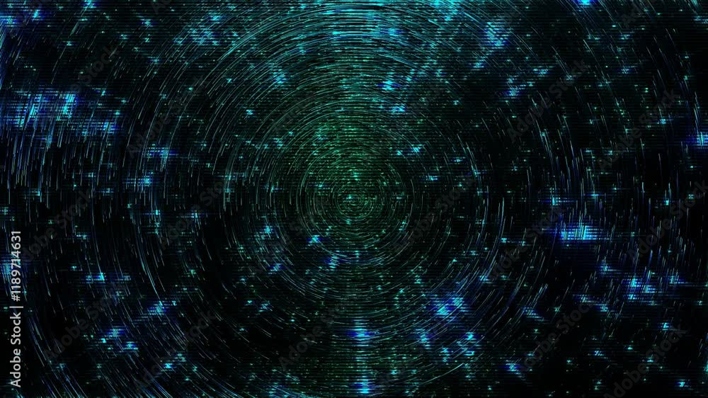 Poster a pattern of green circles on which blue light rays are reflected as they move around. magical motio