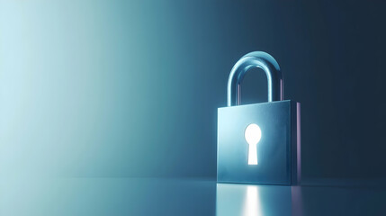 Fototapeta premium Cybersecurity concept illustrated by a bold metallic blue 3D lock with a glowing white keyhole and a soft gradient background