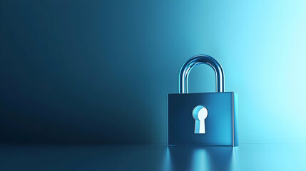 Fototapeta premium Cybersecurity concept illustrated by a bold metallic blue 3D lock with a glowing white keyhole and a soft gradient background