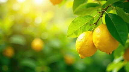 Sunlight Dapples Ripe Lemons Hanging from Lush Green Branches in a Vibrant Orchard