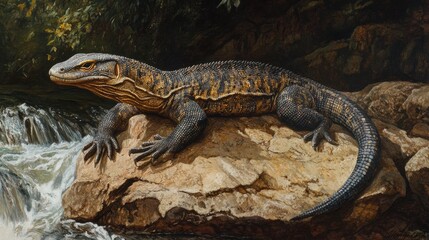 Obraz premium A Nile monitor lizard basking on a rock