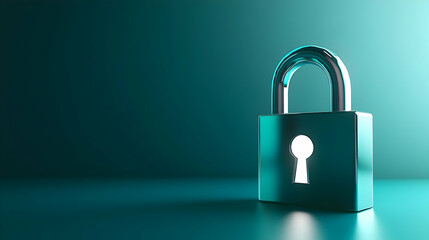 Fototapeta premium Cybersecurity concept illustrated by a bold metallic blue 3D lock with a glowing white keyhole and a soft gradient background