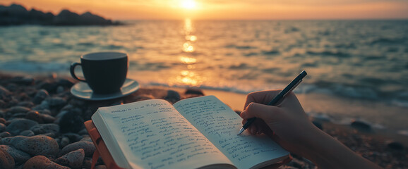 Close-up of a hand writing in a notebook with a pen on the seashore at sunset, drinking coffee and enjoying nature. Travel concept.