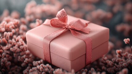 Pink gift box with ribbon amidst blooming flowers