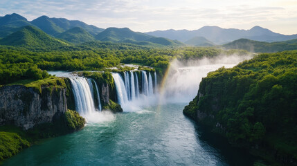 Fototapeta premium Cascading waterfall surrounded by lush greenery
