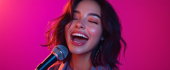 An attractive girl with a Latin appearance sings into a microphone.