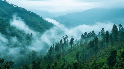 A scenic view of mountain gorillas relaxing in the misty forests of Rwanda