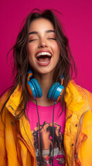 An attractive girl with a Latin appearance sings into a microphone.