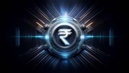 3-d Indian rupee symbol (INR) in neon vibrant colors like blue, red, green, yellow, silver etc. Showing futuristic Indian technology; Digital rupee